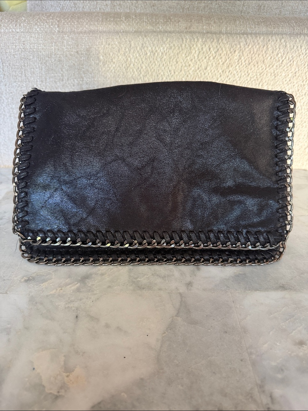 Boutique Black Chain-Trim Foldover Clutch Leather Look Heavy Chain